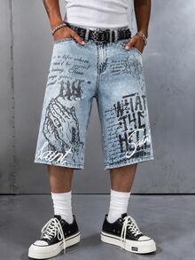 Manfinity EMRG Unisex Graffiti Print Loose Denim Shorts, Street Style Streetwear City Break Light Blue Summer, Holiday - Blue - View 1
