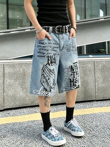 Manfinity EMRG Unisex Graffiti Print Loose Denim Shorts, Street Style Streetwear City Break Light Blue Summer, Holiday - Blue - View 4