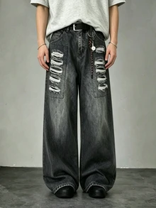 Manfinity EMRG American Street Style Grunge Cyber Punk Distressed Wide Leg Denim Shorts Back-To-School Birthday Graduation Grey Summer - Black - View 5