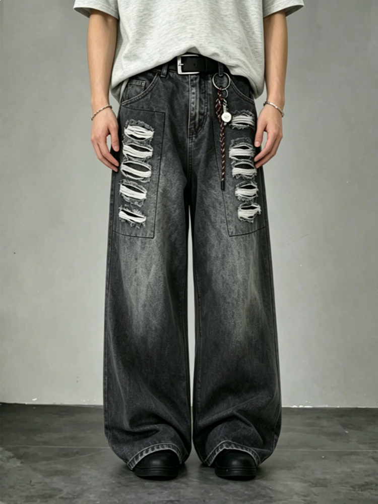 Manfinity EMRG American Street Style Grunge Cyber Punk Distressed Wide Leg Denim Shorts Back-To-School Birthday Graduation Grey Summer - Black - View 5