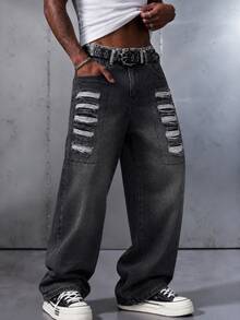 Manfinity EMRG American Street Style Grunge Cyber Punk Distressed Wide Leg Denim Shorts Back-To-School Birthday Graduation Grey Summer - Black - View 1