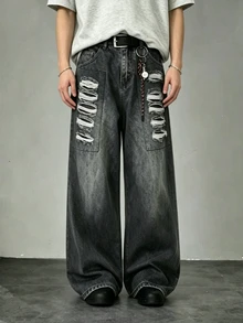Manfinity EMRG American Street Style Grunge Cyber Punk Distressed Wide Leg Denim Shorts Back-To-School Birthday Graduation Grey Summer - Black - View 8
