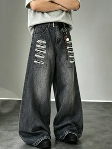 Manfinity EMRG American Street Style Grunge Cyber Punk Distressed Wide Leg Denim Shorts Back-To-School Birthday Graduation Grey Summer - Black - View 3