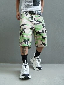 Manfinity EMRG Men's Casual Camo Pattern Waist Belt Pocket Denim Shorts For Everyday Wear - Multicolor - View 9