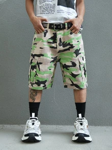 Manfinity EMRG Men's Casual Camo Pattern Waist Belt Pocket Denim Shorts For Everyday Wear - Multicolor - View 3