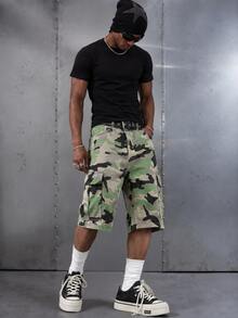 Manfinity EMRG Men's Casual Camo Pattern Waist Belt Pocket Denim Shorts For Everyday Wear - Multicolor - View 1
