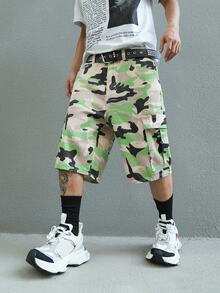 Manfinity EMRG Men's Casual Camo Pattern Waist Belt Pocket Denim Shorts For Everyday Wear - Multicolor - View 4