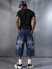 Manfinity EMRG Men's Embroidered Pocket Casual Loose Fit Denim Shorts - Light Wash - View 1