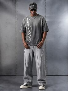 Manfinity EMRG Men's Round Neck Dropped Shoulder Letter Print Gradient Casual Versatile Loose Fit T-Shirt - Grey - View 1