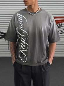 Manfinity EMRG Men's Round Neck Dropped Shoulder Letter Print Gradient Casual Versatile Loose Fit T-Shirt - Grey - View 2