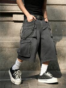 Manfinity EMRG Men's Casual Versatile Daily Travel Denim Cargo Shorts With Pocket And Button, Holiday - Light Grey - View 3