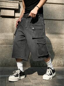 Manfinity EMRG Men's Casual Versatile Daily Travel Denim Cargo Shorts With Pocket And Button, Holiday - Light Grey - View 5