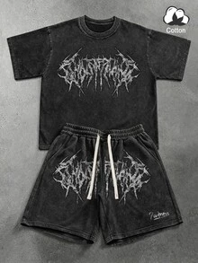 Manfinity EMRG Men's Dark Grey 2-Piece Set,Gothic Streetwear Summer T-Shirt And Shorts,Vintage Metal Font Print Distressed Washed Set For Concert,Parties - Multicolor - View 4