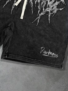 Manfinity EMRG Men's Dark Grey 2-Piece Set,Gothic Streetwear Summer T-Shirt And Shorts,Vintage Metal Font Print Distressed Washed Set For Concert,Parties - Multicolor - View 5