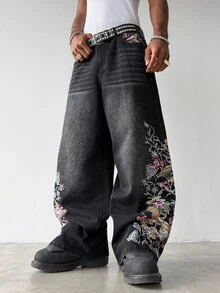 Manfinity EMRG Men's Streetwear Casual Embroidered Black Denim Jeans - Black - View 6