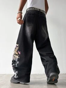 Manfinity EMRG Men's Streetwear Casual Embroidered Black Denim Jeans - Black - View 4