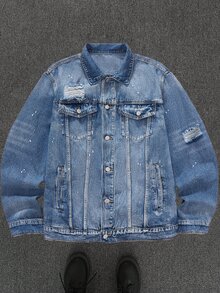 Manfinity EMRG Chaqueta suelta de mezclilla azul medio con graffiti de calle para hombre - Azul lavado medio - Ver 3