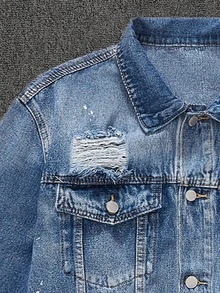 Manfinity EMRG Chaqueta suelta de mezclilla azul medio con graffiti de calle para hombre - Azul lavado medio - Ver 6