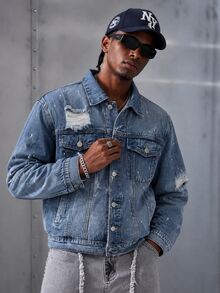 Manfinity EMRG Chaqueta suelta de mezclilla azul medio con graffiti de calle para hombre - Azul lavado medio - Ver 1