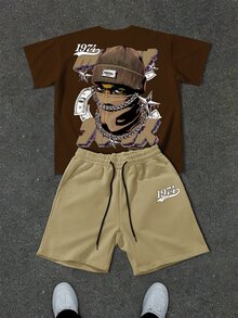 Manfinity EMRG Men's Summer Casual Street Graphic Print T-Shirt And Shorts Holiday Vacation Brown White - Multicolor - View 3