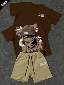 Manfinity EMRG Men's Summer Casual Street Graphic Print T-Shirt And Shorts Holiday Vacation Brown White - Multicolor - View 2