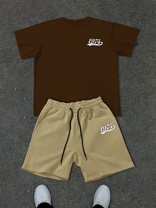 Manfinity EMRG Men's Summer Casual Street Graphic Print T-Shirt And Shorts Holiday Vacation Brown White - Multicolor - View 7