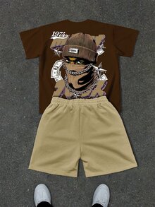 Manfinity EMRG Men's Summer Casual Street Graphic Print T-Shirt And Shorts Holiday Vacation Brown White - Multicolor - View 6