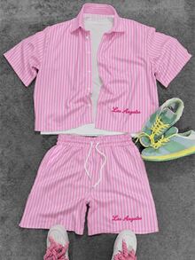 Manfinity EMRG Men's Summer Casual Striped Shirt And Shorts Set - Multicolor - View 3