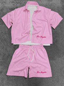 Manfinity EMRG Men's Summer Casual Striped Shirt And Shorts Set - Multicolor - View 7