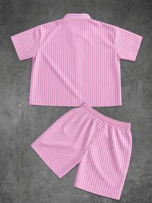 Manfinity EMRG Men's Summer Casual Striped Shirt And Shorts Set - Multicolor - View 4