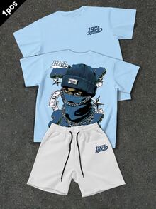 Manfinity EMRG Men's Cartoon Character Print Short Sleeve T-Shirt And Drawstring Waist Shorts Casual Set - Multicolor - View 2
