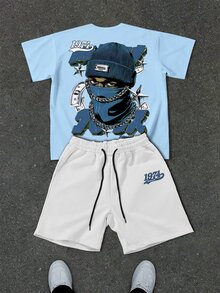 Manfinity EMRG Men's Cartoon Character Print Short Sleeve T-Shirt And Drawstring Waist Shorts Casual Set - Multicolor - View 3
