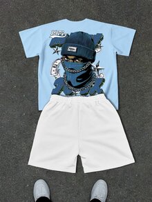 Manfinity EMRG Men's Cartoon Character Print Short Sleeve T-Shirt And Drawstring Waist Shorts Casual Set - Multicolor - View 5