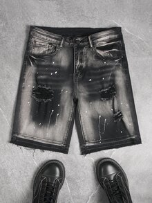 Manfinity EMRG Men's Fashion Versatile Distressed Pocket Button Denim Shorts - Black - View 3