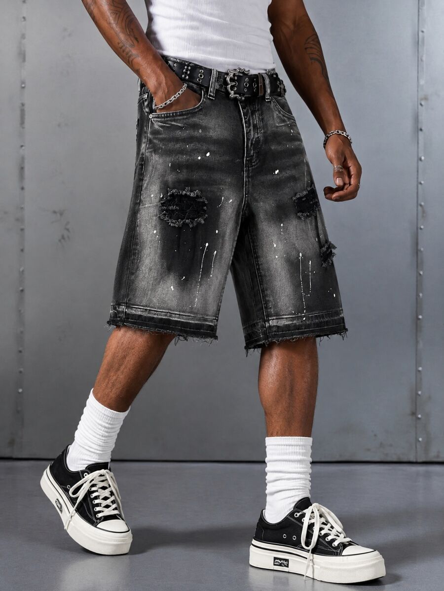 Manfinity EMRG Men's Fashion Versatile Distressed Pocket Button Denim Shorts - Black - View 1
