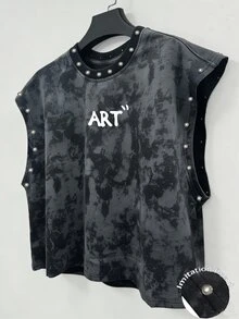 Manfinity EMRG Unisex Retro Casual Floral Faux Pearl Decorated Tank Top, Suitable For Music Festivals, Holiday - Black - View 2