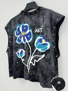 Manfinity EMRG Unisex Retro Casual Floral Faux Pearl Decorated Tank Top, Suitable For Music Festivals, Holiday - Black - View 3
