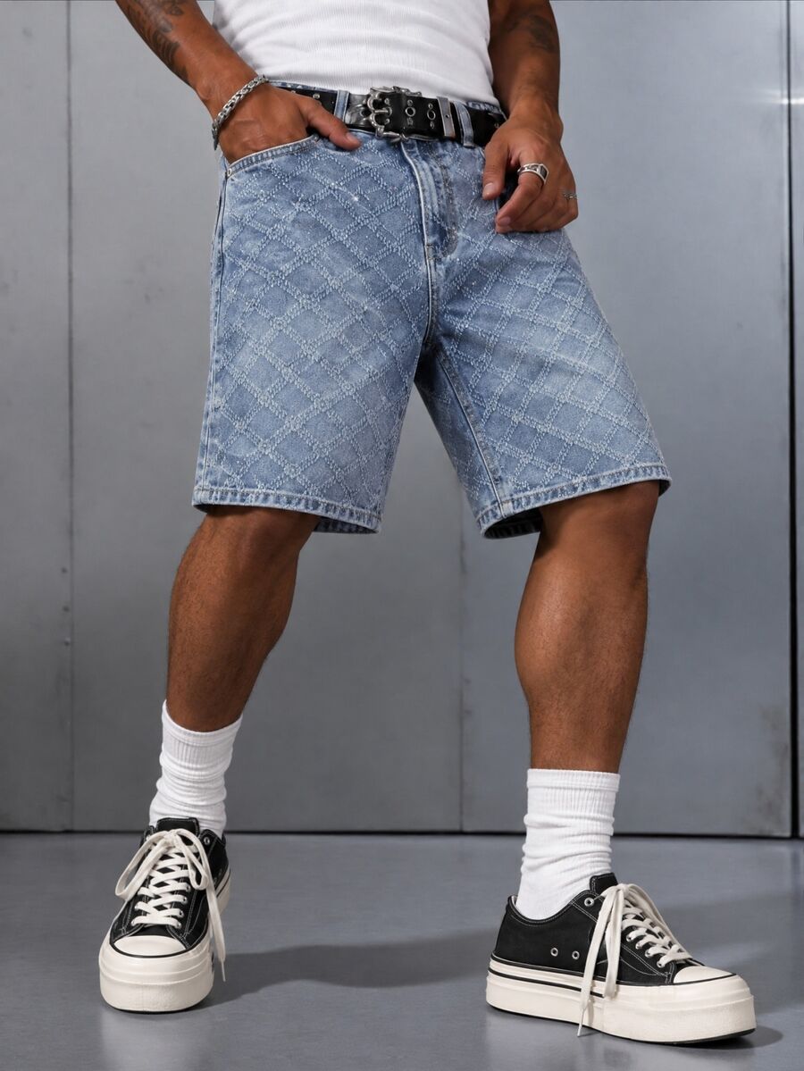 Manfinity EMRG Men's American Street Style Distressed Washed Denim Shorts With Rhinestone Embellishment, Holiday - Light Wash - View 1