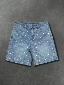 Manfinity EMRG Men's American Street Style Distressed Washed Denim Shorts With Rhinestone Embellishment, Holiday - Light Wash - View 7