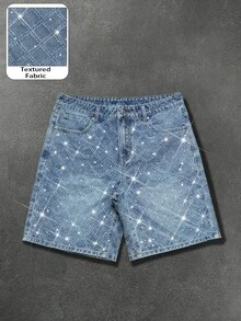 Manfinity EMRG Men's American Street Style Distressed Washed Denim Shorts With Rhinestone Embellishment, Holiday - Light Wash - View 3