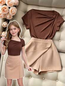 SHEIN Elladie kids Tween Girls 2pcs/Set Children's Korean Version Open Shoulder Short Sleeved Top With Front Slit High Back To School, Summer, Casual - Multicolor - View 9