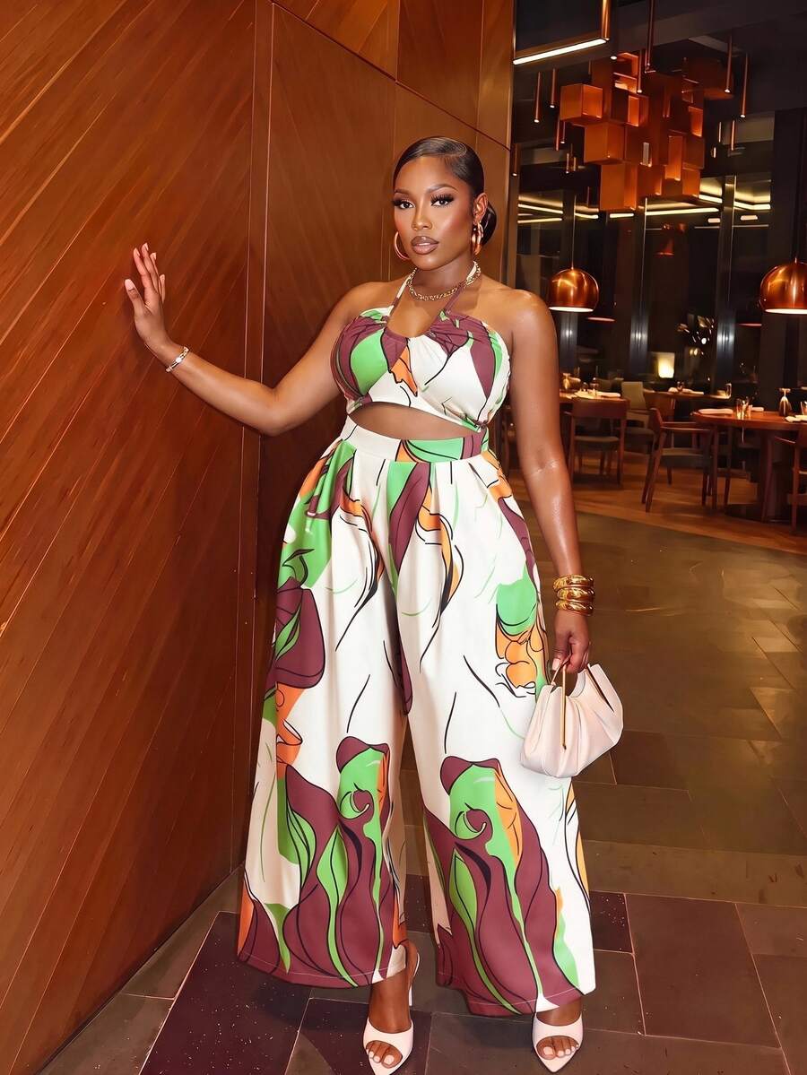 Veslaya Plus Size Women's Sleeveless Tied Neck Hollow Out Wide Leg Jumpsuit With Print, Sexy & Bodycon, For Spring & Summer Vacation - Multicolor - View 1