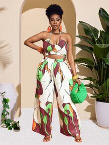 Veslaya Plus Size Women's Sleeveless Tied Neck Hollow Out Wide Leg Jumpsuit With Print, Sexy & Bodycon, For Spring & Summer Vacation - Multicolor - View 5