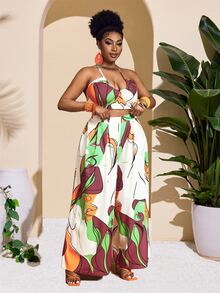 Veslaya Plus Size Women's Sleeveless Tied Neck Hollow Out Wide Leg Jumpsuit With Print, Sexy & Bodycon, For Spring & Summer Vacation - Multicolor - View 3