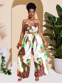 Veslaya Plus Size Women's Sleeveless Tied Neck Hollow Out Wide Leg Jumpsuit With Print, Sexy & Bodycon, For Spring & Summer Vacation - Multicolor - View 6