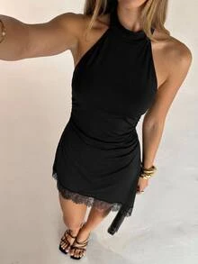 Aloruh Women's Black High Neck Halter Sleeveless Lace Trim Ruched Mini Dress, Suitable For Party And Date - Black - View 5