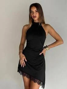 Aloruh Women's Black High Neck Halter Sleeveless Lace Trim Ruched Mini Dress, Suitable For Party And Date - Black - View 4