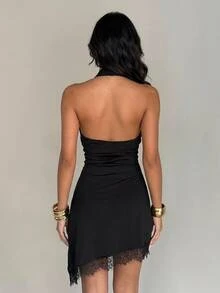Aloruh Women's Black High Neck Halter Sleeveless Lace Trim Ruched Mini Dress, Suitable For Party And Date - Black - View 2