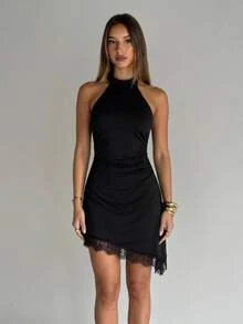 Aloruh Women's Black High Neck Halter Sleeveless Lace Trim Ruched Mini Dress, Suitable For Party And Date - Black - View 6