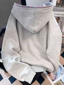 SHEIN [印花設計] 女款花卉刺繡長袖休閒可愛抓絨運動衫，秋冬校園教師灰色 - 灰色 - 查看 2